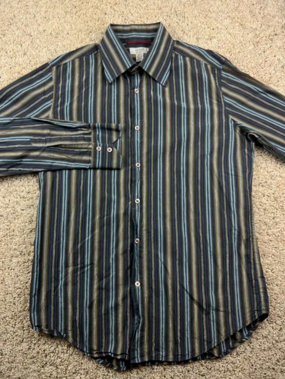 Guess Colorful Shiny Button Up Medium Men’s Blue Gold Vertical Striped Bold